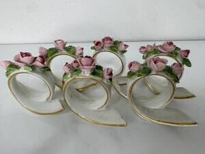 Vintage Dresden Porcelain Napkin Rings Applied Pink Roses Gold Trim Set of 6